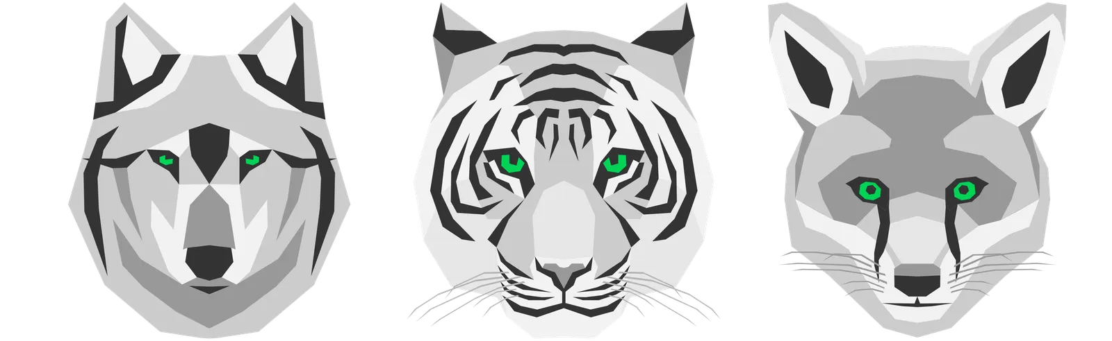 Logo der Wolf Tiger Fox Holding: die stilisierten Köpfe von Wolf, Tiger und Fuchs mit grün leuchtenden Augen